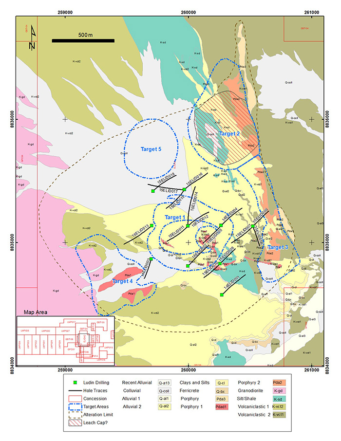 Elida Copper Project – 2015 historic drill locations and target areas