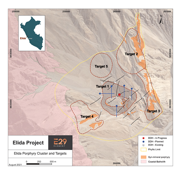 Figure 1 - Map of the Elida porphyry cluster showing the location of five exploration targets, including Target 1 that is the focus of the current drill program.