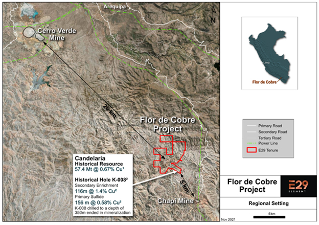 Figura 1. El Proyecto Flor de Cobre está ubicado en la Faja Cobre del Sur de Perú, entre las minas Cerro Verde y Chapi.