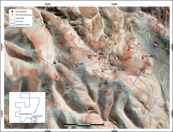 Figure 2. Historical drill hole locations selected for twinning by the 2022 drilling campaign. Details of the twinned holes are given in table 1.