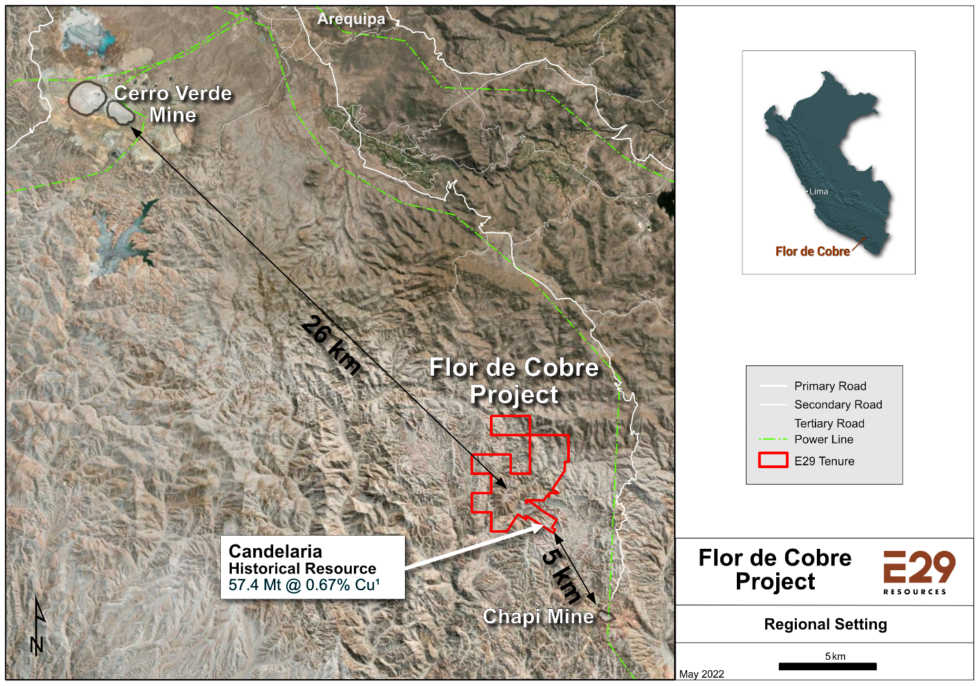 Regional setting of the Flor de Cobre Project is in the Southern Peru Copper Belt, between the Cerro Verde and Chapi mines. The project is at a moderate elevation of less than 2,700 m, is road accessible, and is close to excellent infrastructure for mine development and operation.