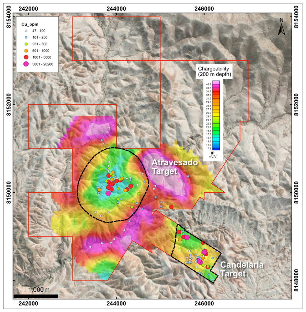 The Atravesado porphyry target is characterized by moderate resistivity, anomalous copper geochemistry, potassic alteration and associated quartz vein stockworks. Phyllic alteration correlates with zones of high chargeability. The Candelaria Porphyry Complex is located 2.0 km to the southeast.