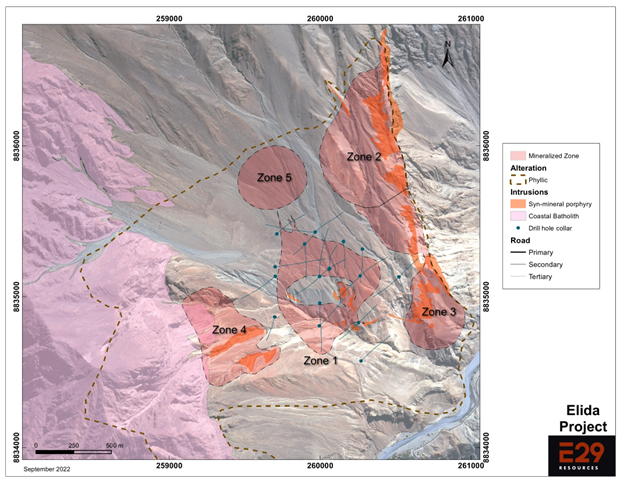 Figure 2. The Elida porphyry cluster showing five identified mineralized zones.  Drilling to date has concentrated on Zone 1 and the other zones have not been drill-tested. The Company plans to test the remaining zones with future drilling programs.